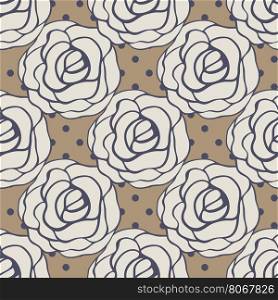 Seamless pattern with roses contours. Vector illustration.. Vector seamless pattern with stylized roses and flowers in pastel colors on beige polka dot background