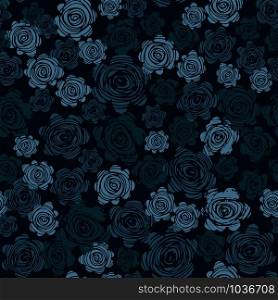 Seamless pattern with roses on black background. Hand drawn rose wallpaper. Romantic design for fabric, textile print, wrapping paper. Vector illustration. Seamless pattern with roses on black background.
