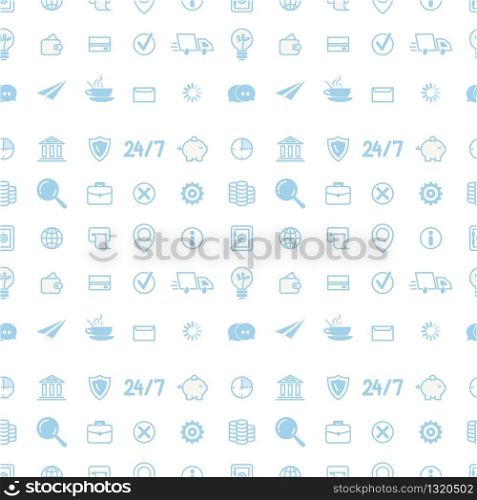 Seamless Pattern with Round-The-Clock Business, Goods Delivery, Logistics, Web Banking Services, Digital Payment, Online Shopping, Communication Line Art Vector Icons Isolated on White Background
