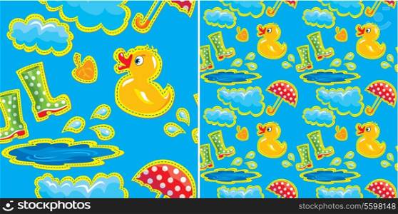 seamless pattern with rubber duck and boots, clouds, umbrella and puddle - autumn design for kids