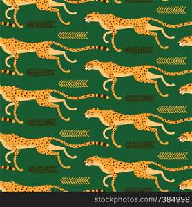 Seamless pattern with running cheetahs, leopards. Repeated exotic wild cats on a green background. Vector illustration.. Seamless pattern with running cheetahs, leopards. Repeated exotic wild cats on a green background. Vector illustration