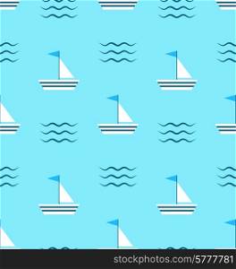 Seamless Pattern with Sail Boats on Blue Background with Delicate Waves. Seamless Pattern with Sail Boats on Blue Background with Delicate Waves - Vector