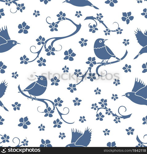 Seamless pattern with sakura branches, birds. Japan nature. Branches of cherry blossoms. Design for card, announcement, advertisement, banner or print.