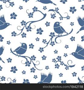 Seamless pattern with sakura branches, birds. Japan nature. Branches of cherry blossoms. Design for card, announcement, advertisement, banner or print.