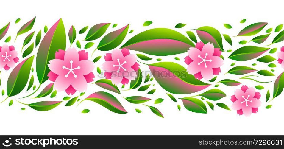 Seamless pattern with sakura or cherry blossom. Floral japanese ornament of blooming flowers and leaves.. Seamless pattern with sakura or cherry blossom.