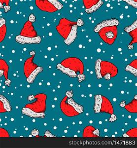Seamless pattern with santa hats and snow. Design element for poster, card, banner, flyer. Vector illustration