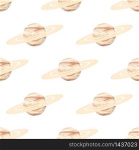Seamless pattern with Saturn planet isolated on white background. Planet of solar system. Cartoon style vector illustration for any design.