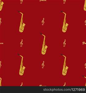 Seamless pattern with saxophones, treble clefs and word jazz. May be used for wrapping, book covers, envelope. Seamless pattern with saxophones, treble clefs
