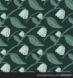 Seamless pattern with scandinavian flowers silhouettes. Stylized floral green and light elements on dark background. Designed for fabric design, textile print, wrapping, cover. Vector illustration.. Seamless pattern with scandinavian flowers silhouettes. Stylized floral green and light elements on dark background.