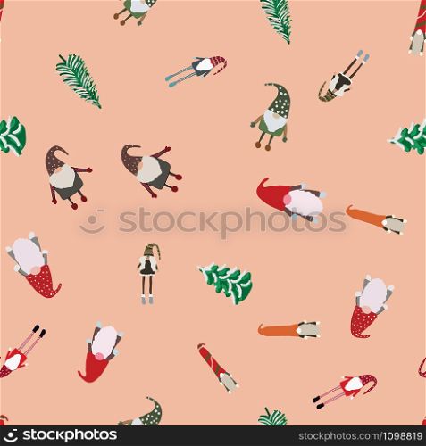 Seamless pattern with scandinavian gnomes and Christmas trees. Beautiful festive design with elves decorations. For wrapping paper, textiles, fabric. Flat cartoon style vector illustration.. Seamless pattern with scandinavian gnomes and Christmas trees.
