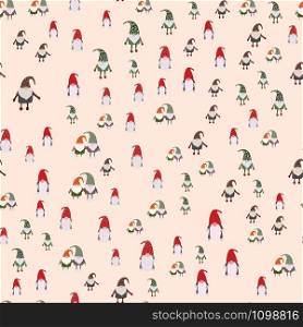 Seamless pattern with scandinavian gnomes. Beautiful festive design with elves decorations. For wrapping paper, textiles, fabric. Flat cartoon style vector illustration.. Seamless pattern with scandinavian gnomes.