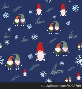 Seamless pattern with scandinavian gnomes, pine tree spruce and snowflakes. Beautiful festive design with elves decorations. For wrapping paper, textiles, fabric. Flat cartoon style vector illustration.. Seamless pattern with scandinavian gnomes, pine tree spruce and snowflakes.