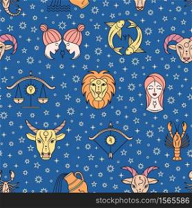 Seamless pattern with scattered zodiac signs and stars on blue background. pattern with zodiac signs