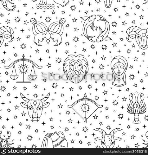 Seamless pattern with scattered zodiac signs and stars on white background.. Seamless pattern with zodiac signs