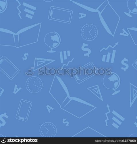 Seamless Pattern with School Elements. Vector. Seamless pattern with school elements. Book ruler clock mobile phone globe letter. Realistic elements isolated on blue background. For wallpapers banners printed covers wrapping paper. Vector