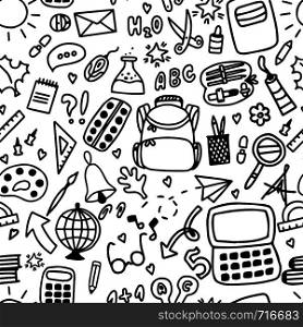Seamless pattern with school supplies. Doodle style. Back to school background.