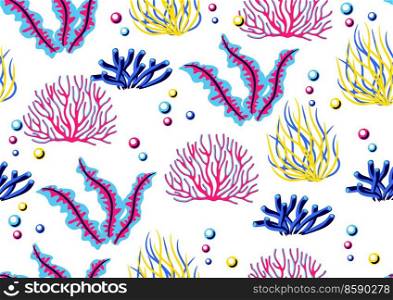 Seamless pattern with sea algae and corals. Marine life aquarium and sea flora. Stylized image in bright colors.. Seamless pattern with sea algae and corals. Marine life aquarium and sea flora.