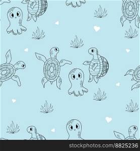 Seamless pattern with sea animals. Cute octopus and turtles on blue background. Vector illustration in doodle style. Endless background for kids collection, wallpapers, packaging, print