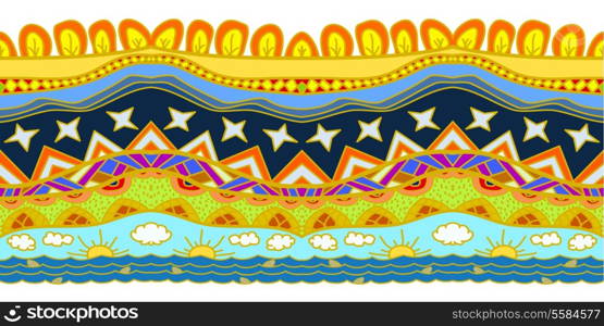 Seamless pattern with sea, sun, stars and trees. Stock vector