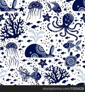 Seamless pattern with sea underwater animals. Cute cartoon jellyfish, octopus, starfish and turtles. Marine background for kids. Perfect for textile print, cloth design and fabric. Marine seamless pattern