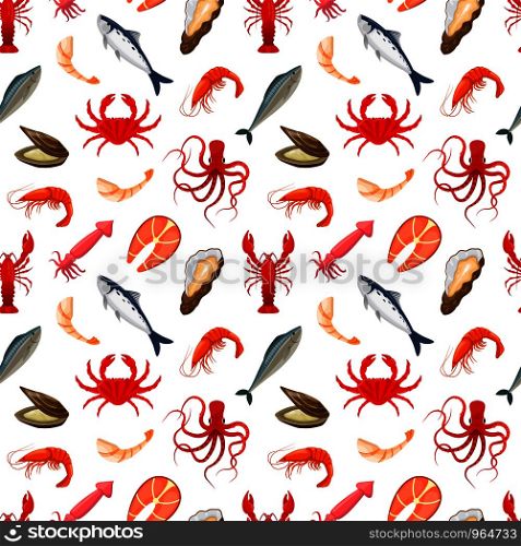 Seamless pattern with seafood on white background. Pattern with octopus,fish,shrimp,lobster,squid,oyster.
