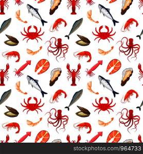 Seamless pattern with seafood on white background. Pattern with octopus,fish,shrimp,lobster,squid,oyster.