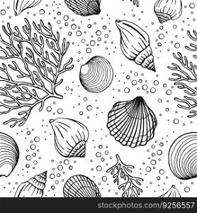 Seamless pattern with seashells, corals. Marine background. Vector illustration in sketch style.
