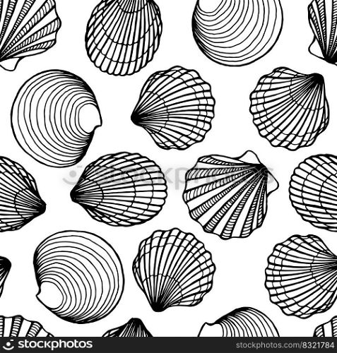 Seamless pattern with seashells. Marine background.  Hand drawn vector illustration in sketch style.