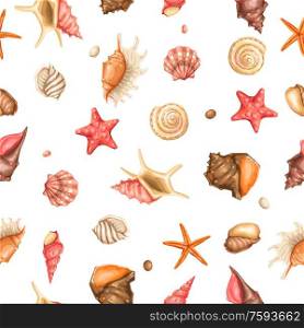 Seamless pattern with seashells. Tropical underwater mollusk shells decorative illustration.. Seamless pattern with seashells. Tropical underwater mollusk shells.