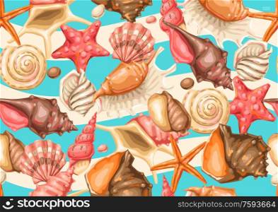 Seamless pattern with seashells. Tropical underwater mollusk shells decorative illustration.. Seamless pattern with seashells. Tropical underwater mollusk shells.
