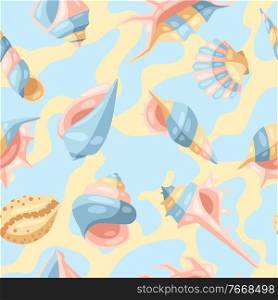 Seamless pattern with seashells. Tropical underwater mollusk shells decorative illustration.. Seamless pattern with seashells.