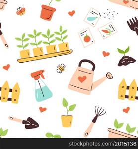 Seamless pattern with seeds and seedlings. Germination of sprouts. Tools and pots for planting. Spring sowing works. Vector illustration on white background.. Seamless pattern with seeds and seedlings. Germination of sprouts. Tools and pots for planting. Spring sowing works. Vector illustration on white background