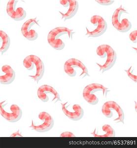 Seamless Pattern with Shrimps Isolated on White.. Seamless pattern with shrimps isolated on white. Fresh red shrimp. Seafood concept icon in flat style. Popular ingredient in Spanish cuisine. Tasty snack. For restaurant menu. Vector illustration