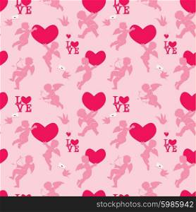 Seamless pattern with silhouettes of angel, heart, bird and calligraphic text LOVE. Valentine`s Day pink background, Love concept.