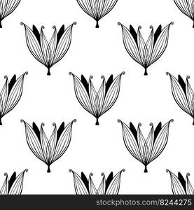 Seamless pattern with silhouettes of doodle flowers in black color on white background. Greek ornament. Hand drawing.