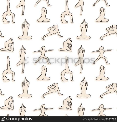 Seamless pattern with silhouettes of girls doing yoga. The concept of sports, mental health. Collection of stickers. Vector image.