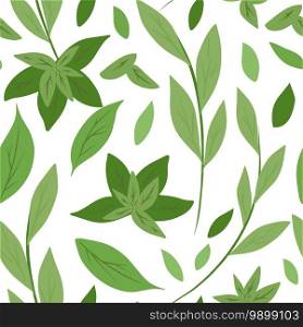 Seamless pattern with simple green leaves and branches on a white background. Herbal natural background. Green tea and mint. Vector flat hand drawn texture for fabrics, wallpapers and your design.. Seamless pattern with simple green leaves and branches on a white background. Herbal natural background. Green tea and mint. Vector flat hand drawn texture