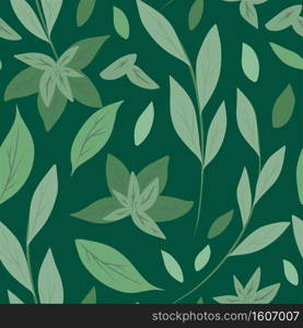 Seamless pattern with simple green leaves and branches on green background. Herbal natural background. Green tea and mint. Vector flat hand drawn texture for fabrics, wallpapers and your design.. Seamless pattern with simple green leaves and branches on green background. Herbal natural background. Green tea and mint. Vector flat hand drawn texture