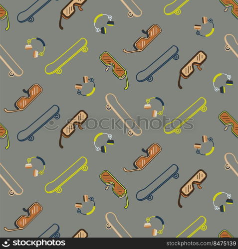 Seamless pattern with skateboard, headphones and sunglasses. Grey cool texture background. Wallpaper for teenager boys. Street style theme texture.. Seamless pattern with skateboard, headphones and sunglasses. Grey cool texture background. Wallpaper for teenager boys. Street style theme texture