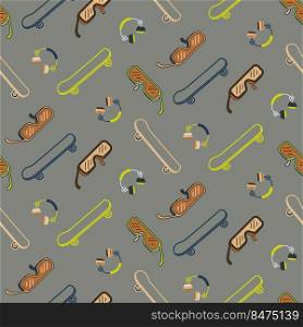 Seamless pattern with skateboard, headphones and sunglasses. Grey cool texture background. Wallpaper for teenager boys. Street style theme texture.. Seamless pattern with skateboard, headphones and sunglasses. Grey cool texture background. Wallpaper for teenager boys. Street style theme texture