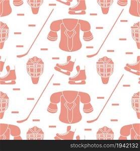 Seamless pattern with skates, goalkeeper mask, hockey stick, ice hockey puck, hockey shoulder pads. Winter sports background. Hockey equipment. Games, hobbies, entertainment.