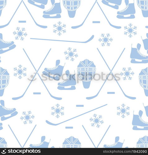 Seamless pattern with skates, goalkeeper mask, hockey stick, ice hockey puck, snowflakes. Winter sports background. Hockey equipment. Games, hobbies, entertainment.