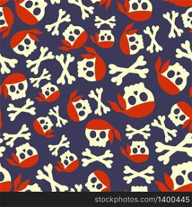 Seamless pattern with skulls and crossbones in red pirate scarf jn dark background.. Seamless pattern with skulls