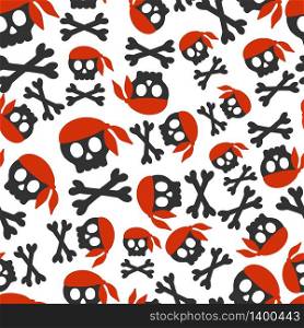 Seamless pattern with skulls and crossbones in red pirate scarf on white background.. Seamless pattern with skulls