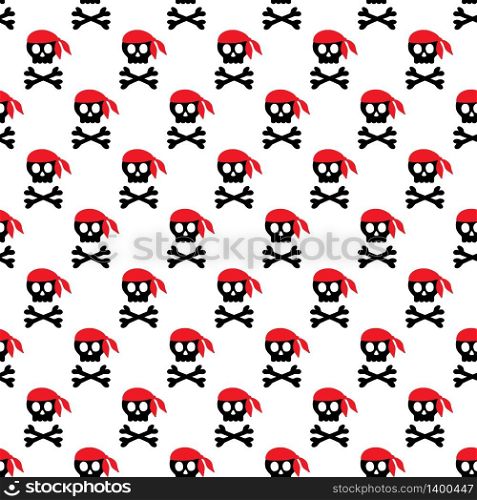 Seamless pattern with skulls and crossbones in red pirate scarf on white background.. Seamless pattern with skulls