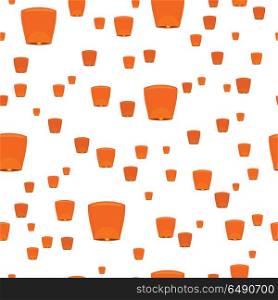 Seamless Pattern with Sky Lanterns Isolated. Seamless pattern with sky lanterns isolated on white. Orange Kongming lantern or Chinese lantern. Hot air balloon made of paper, with opening at bottom where small fire is suspended. Vector illustration