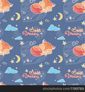 Seamless pattern with sleeping fox,moon,cloud and sweet dreams,hearts on background,cartoon vector illustration