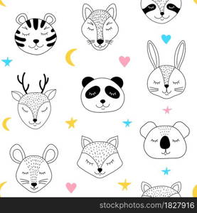 Seamless pattern with sleepng animals and on white background.