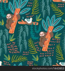 Seamless pattern with sloth. Forest pattern vector background