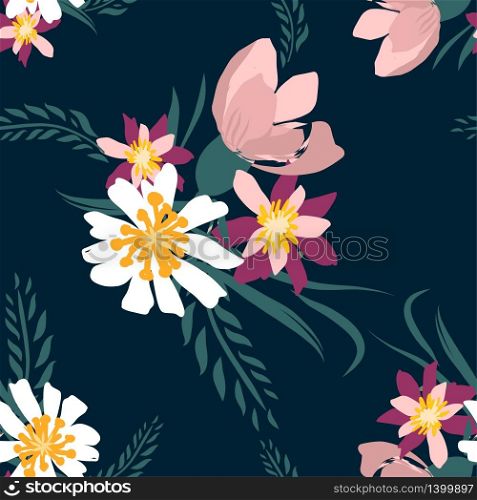Seamless pattern with small flowers on a dark background. Modern and Trendy fashionable floral texture for fabric, wallpaper, interior, tiles, print, textiles, packaging and various types of design.. Seamless pattern with small flowers on a dark background. Modern and Trendy fashionable floral texture for fabric, wallpaper, interior, tiles, print, textiles, packaging and various types of design